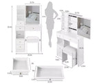 Toeletta con cassetto a sinistra, sgabello imbottito, specchio scorrevole extra-large e vano portaoggetti multilivello