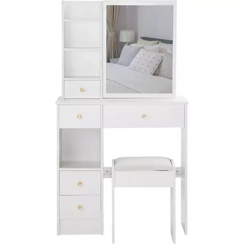 Toeletta con cassetto a sinistra, sgabello imbottito, specchio scorrevole extra-large e vano portaoggetti multilivello