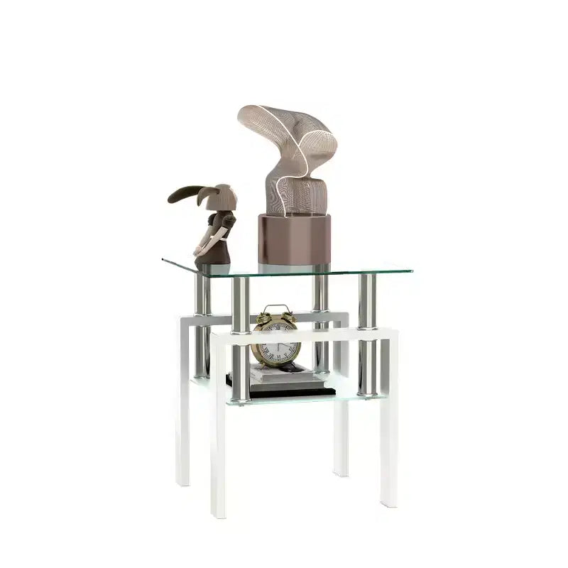 Tavolino moderno, Tavolino da caffè centrale in vetro temperato, Tavolino a 2 livelli con ripiano portaoggetti, Tavolo quadrato per soggiorno, ufficio e piccoli spazi