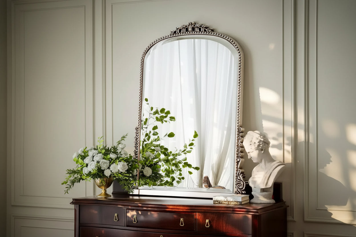40x28 Wall Mirror, Arched Beaded Mirror with Metal Frame, Decorative Bathroom Vanity Mirror for Entryway, Bedroom, or Living Room
