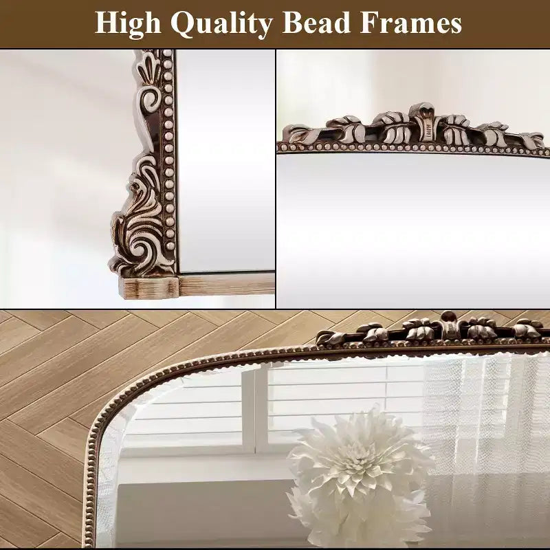 Specchio da parete 40x28, Specchio ad arco con perline e cornice in metallo, Specchio decorativo da bagno per ingresso, camera da letto o soggiorno