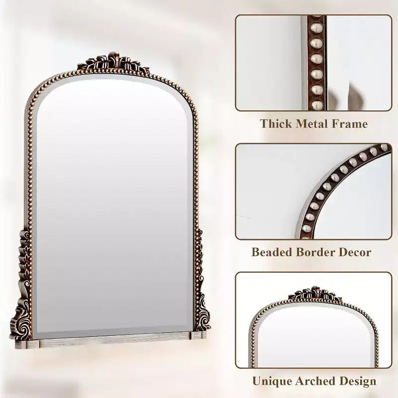 Specchio da parete 40x28, Specchio ad arco con perline e cornice in metallo, Specchio decorativo da bagno per ingresso, camera da letto o soggiorno