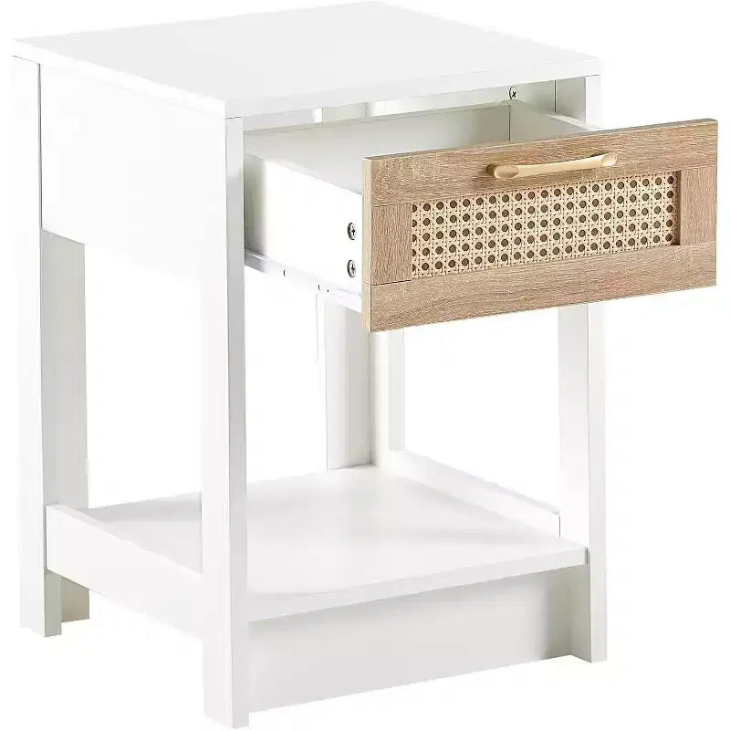 Comodino in Rattan con Piano Sollevabile e Vano a Giorno, Tavolino Moderno di Metà Secolo, Maniglia Retrò, Bianco