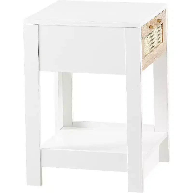 Comodino in Rattan con Piano Sollevabile e Vano a Giorno, Tavolino Moderno di Metà Secolo, Maniglia Retrò, Bianco