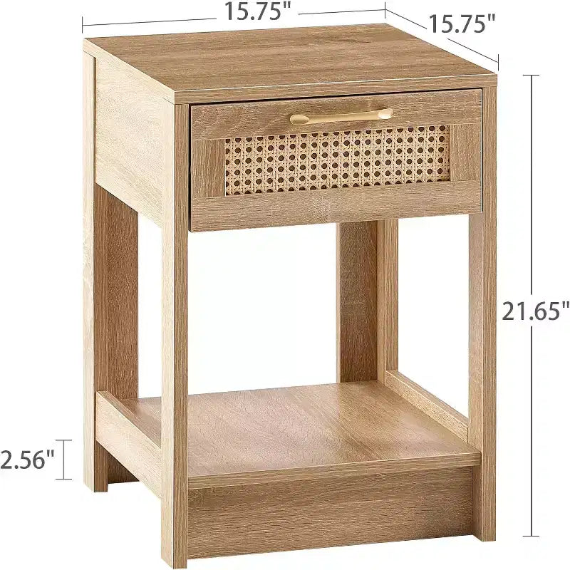 Comodino in Rattan con Piano Sollevabile e Vano a Giorno, Tavolino Moderno di Metà Secolo, Maniglia Retrò, Bianco