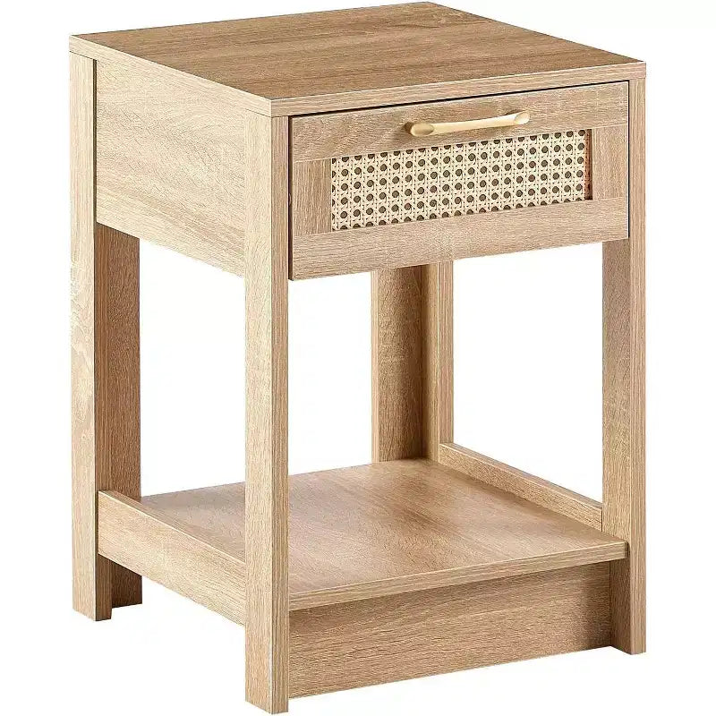 Comodino in Rattan con Piano Sollevabile e Vano a Giorno, Tavolino Moderno di Metà Secolo, Maniglia Retrò, Bianco