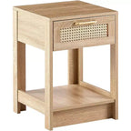 Comodino in Rattan con Piano Sollevabile e Vano a Giorno, Tavolino Moderno di Metà Secolo, Maniglia Retrò, Bianco