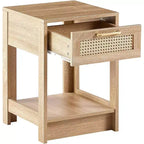 Comodino in Rattan con Piano Sollevabile e Vano a Giorno, Tavolino Moderno di Metà Secolo, Maniglia Retrò, Bianco