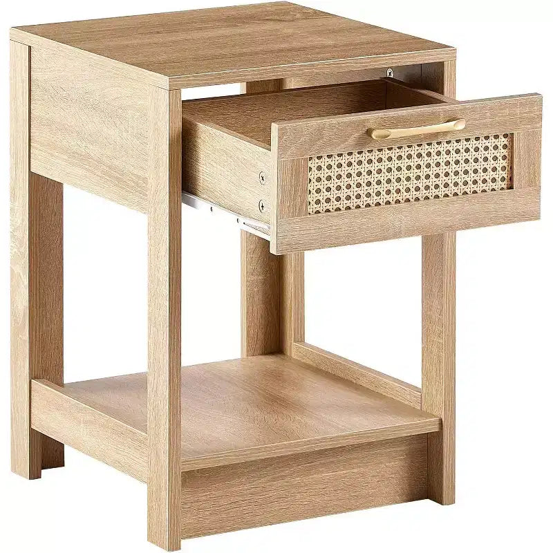 Comodino in Rattan con Piano Sollevabile e Vano a Giorno, Tavolino Moderno di Metà Secolo, Maniglia Retrò, Bianco