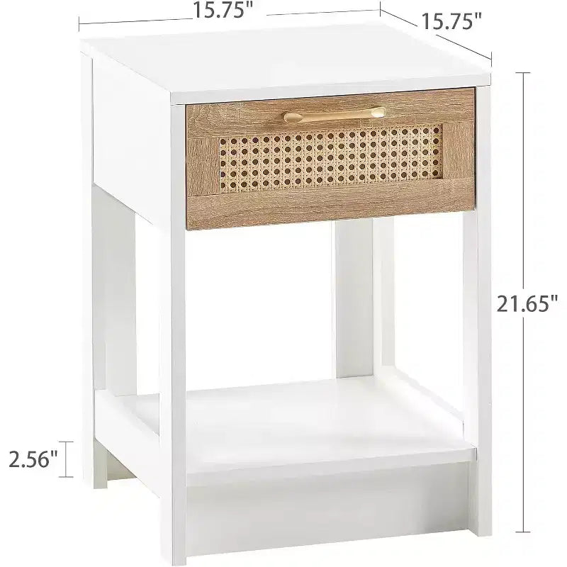 Comodino in Rattan con Piano Sollevabile e Vano a Giorno, Tavolino Moderno di Metà Secolo, Maniglia Retrò, Bianco