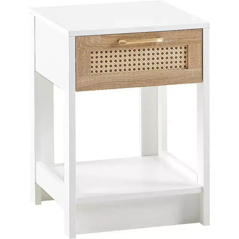 Comodino in Rattan con Piano Sollevabile e Vano a Giorno, Tavolino Moderno di Metà Secolo, Maniglia Retrò, Bianco