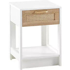 Comodino in Rattan con Piano Sollevabile e Vano a Giorno, Tavolino Moderno di Metà Secolo, Maniglia Retrò, Bianco