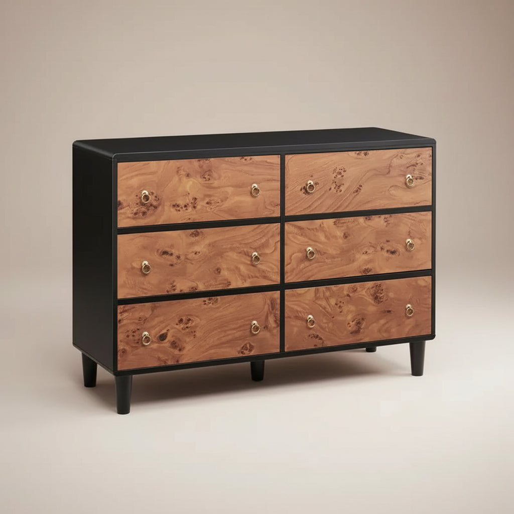Cassettiera a 6 cassetti, 120 cm, moderna con maniglie rotonde vintage, rovere naturale