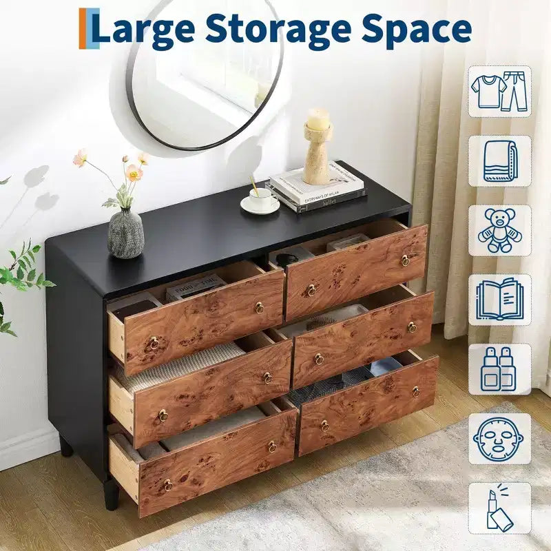 Cassettiera a 6 cassetti, 120 cm, moderna con maniglie rotonde vintage, rovere naturale