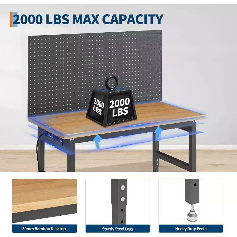 Banco da Lavoro Regolabile da 48" con Pannello Forato, Capacità 2000 libbre, Altezza 28-40", Garage e Officina