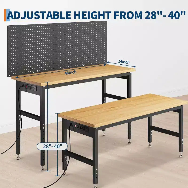 Banco da Lavoro Regolabile da 48" con Pannello Forato, Capacità 2000 libbre, Altezza 28-40", Garage e Officina