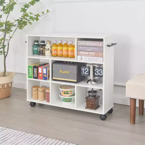 VECELO 3-Tier Kitchen Cart, Wood with Lockable Wheels, Rolling Utility Cart with Open Shelves for Kitchen Storage, White