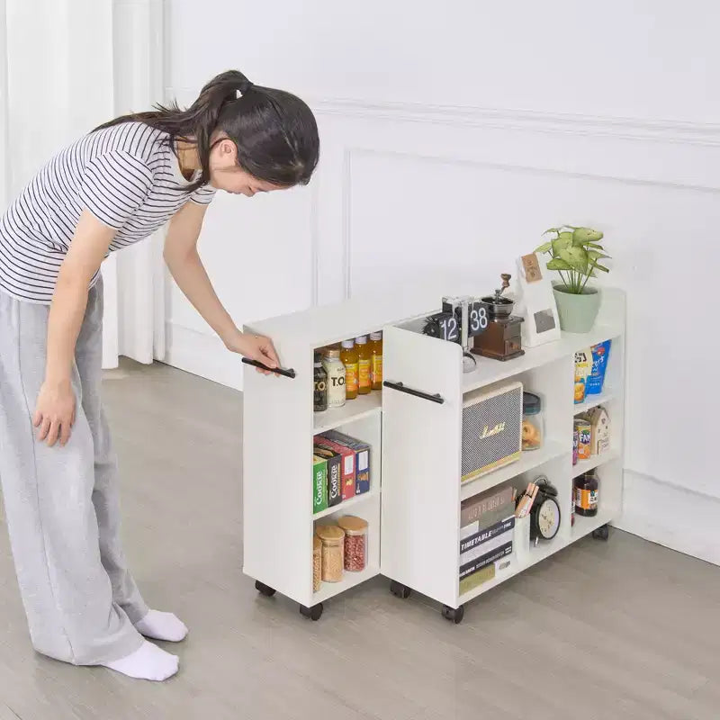 Carrello da cucina a 3 livelli con ruote bloccabili e ripiani aperti, legno, bianco
