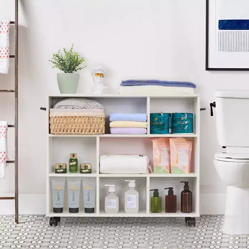 Carrello da cucina a 3 livelli con ruote bloccabili e ripiani aperti, legno, bianco