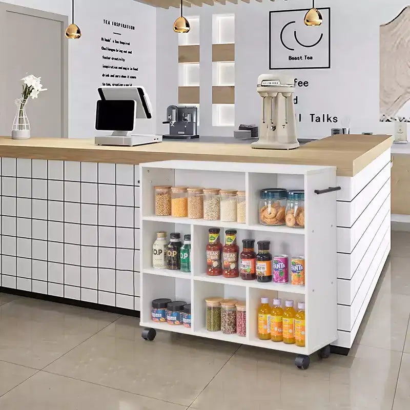 Carrello da cucina a 3 livelli con ruote bloccabili e ripiani aperti, legno, bianco