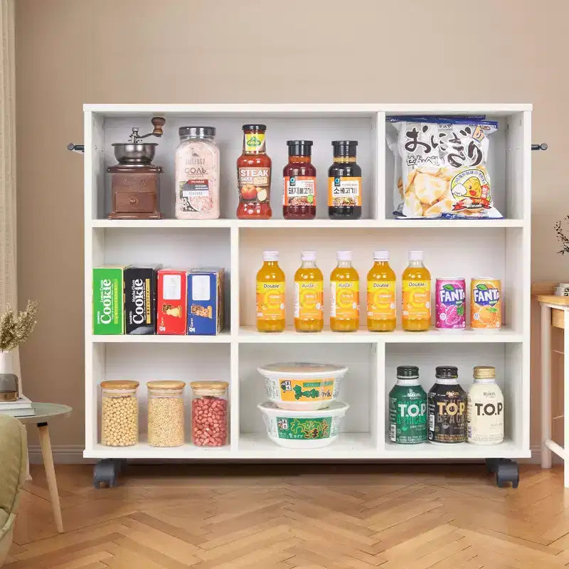 Carrello da cucina a 3 livelli con ruote bloccabili e ripiani aperti, legno, bianco