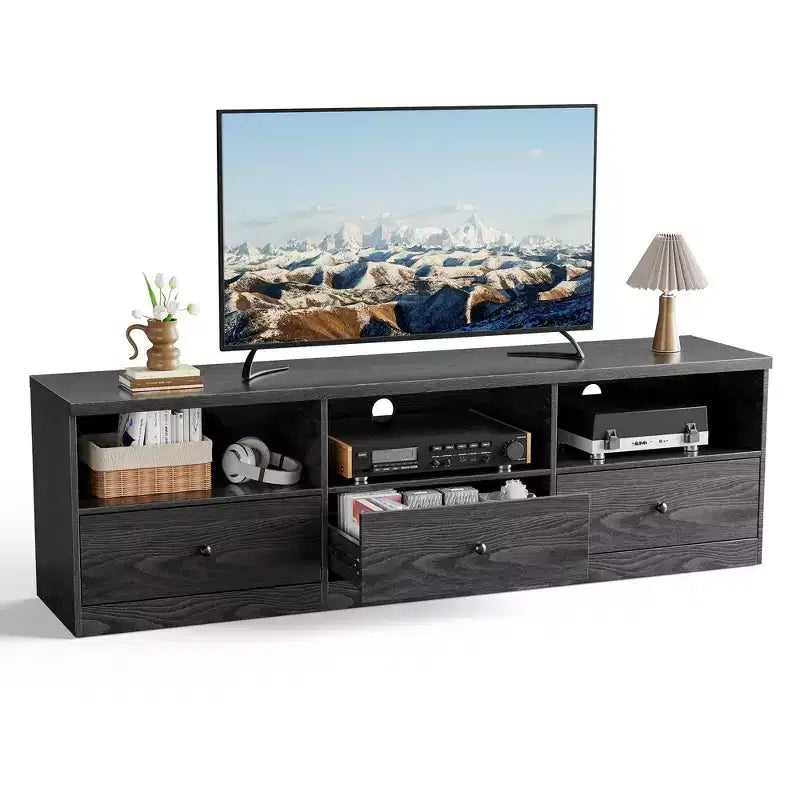 Mobile TV per TV fino a 80", Consolle multimediale con 3 cassetti e 3 ripiani aperti, capacità 136 kg, Nero