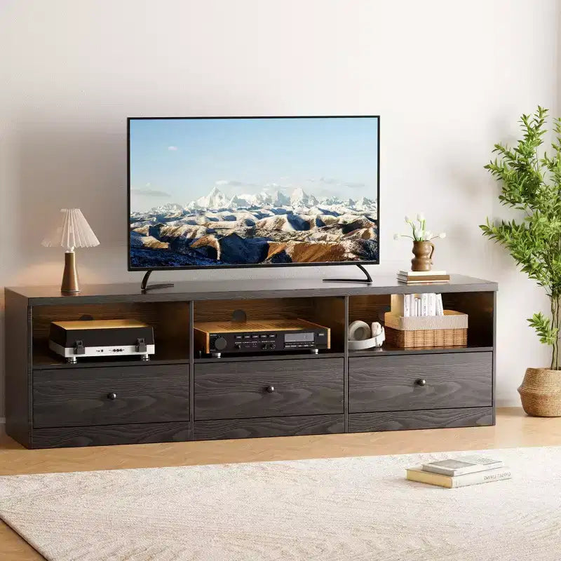 Mobile TV per TV fino a 80", Consolle multimediale con 3 cassetti e 3 ripiani aperti, capacità 136 kg, Nero