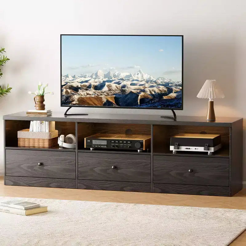 Mobile TV per TV fino a 80", Consolle multimediale con 3 cassetti e 3 ripiani aperti, capacità 136 kg, Nero