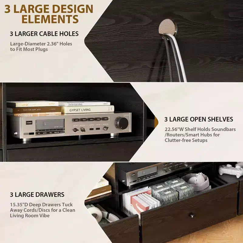 Mobile TV per TV fino a 80", Consolle multimediale con 3 cassetti e 3 ripiani aperti, capacità 136 kg, Nero