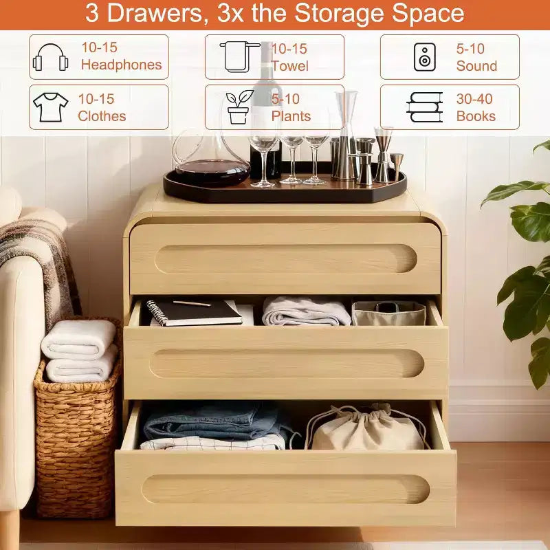 Comodino con 3 cassetti per camera da letto, cassettiera organizer in legno larga 81 cm