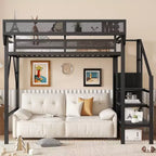 Letto a soppalco singolo con scale in metallo, letto a soppalco completo con ripiani portaoggetti, letto a soppalco alto con armadio per bambini e ragazzi, nero
