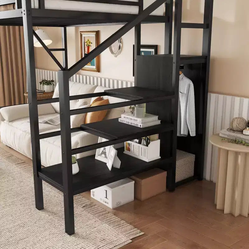 Letto a soppalco singolo con scale in metallo, letto a soppalco completo con ripiani portaoggetti, letto a soppalco alto con armadio per bambini e ragazzi, nero