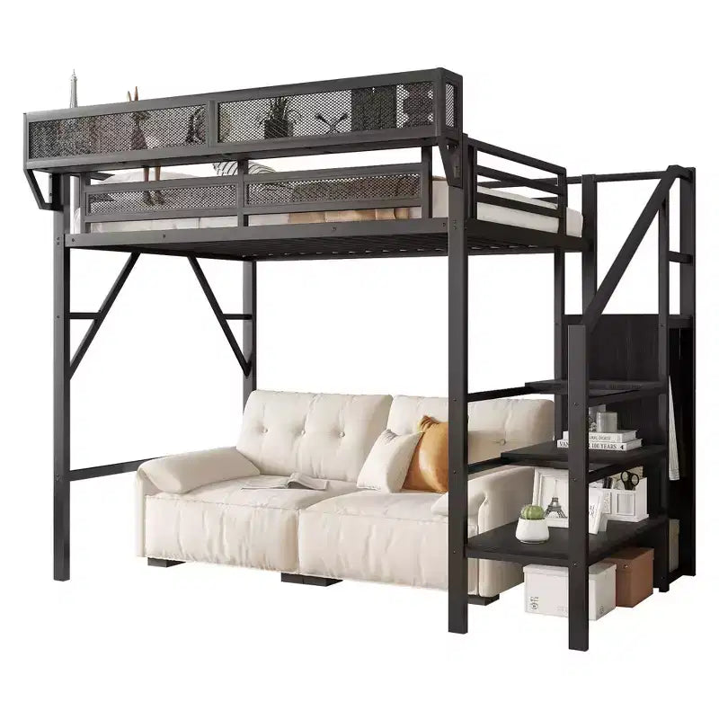 Letto a soppalco singolo con scale in metallo, letto a soppalco completo con ripiani portaoggetti, letto a soppalco alto con armadio per bambini e ragazzi, nero
