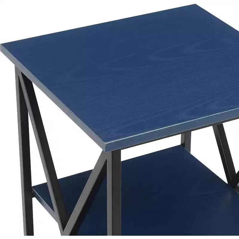 Tavolino da salotto Belmont a 3 ripiani con struttura in metallo e mensole aperte, Blu Cobalto, Portaoggetti da soggiorno
