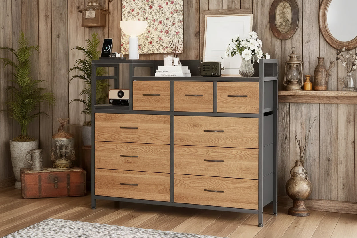 39Metal Fabric Farmhouse 9 Drawer Dresser for Bedroom, Closet, Living Room, Apartment,