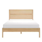 Letto matrimoniale in rattan con testiera intrecciata, struttura in legno massello di pino, aspetto naturale
