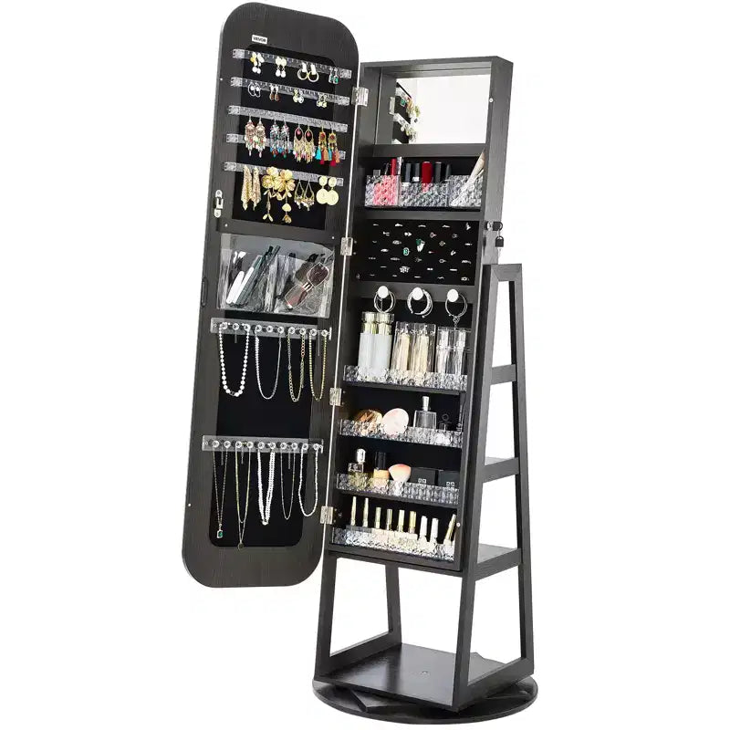 VEVOR 360 Swivel Jewelry Cabinet, 63-inch Tall, Full-Length Mirror with Storage, Standing Rotatable Jewelry Armoire Organizer,with 2 Keys, Black