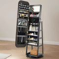 Mobile portagioie girevole a 360° alto 160 cm, specchio a figura intera con contenitore, 2 chiavi, nero