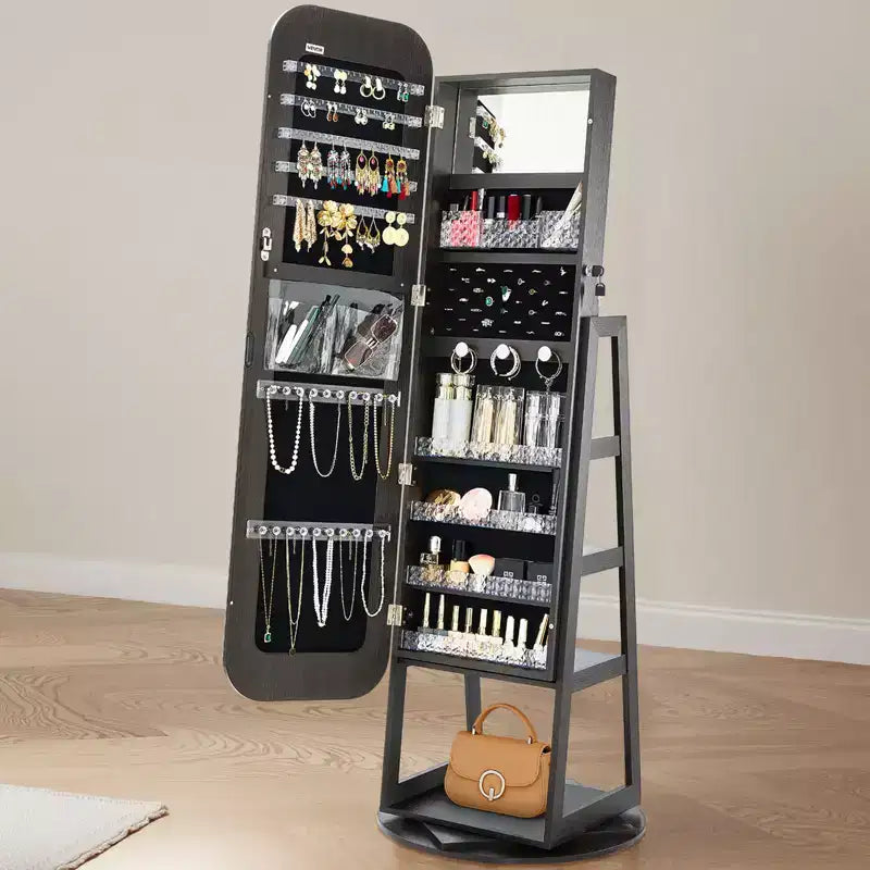 Mobile portagioie girevole a 360° alto 160 cm, specchio a figura intera con contenitore, 2 chiavi, nero