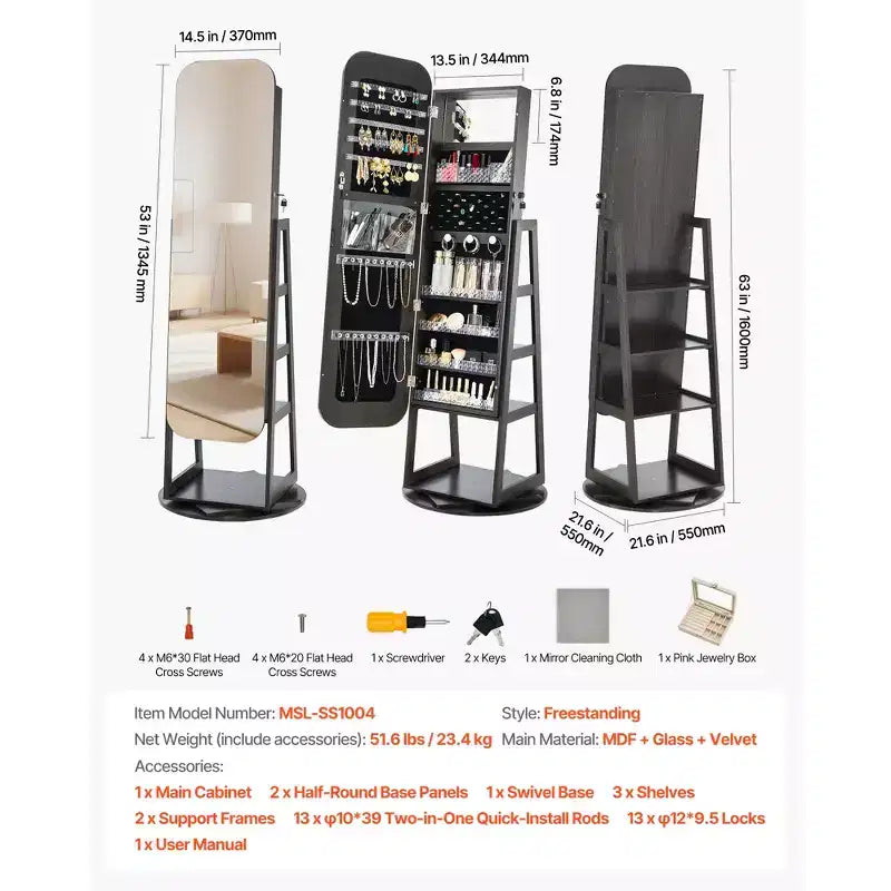 Mobile portagioie girevole a 360° alto 160 cm, specchio a figura intera con contenitore, 2 chiavi, nero
