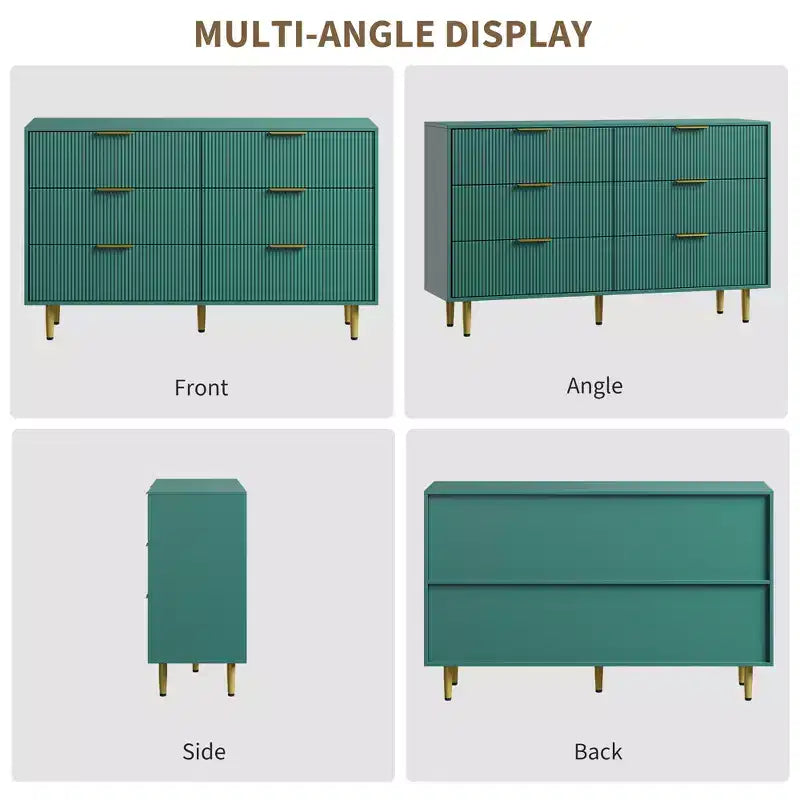 Cassettiera moderna a 6 cassetti nera con scanalature, comò ampio in legno con maniglie e gambe in metallo dorato, grande organizer per camera da letto, soggiorno e ingresso