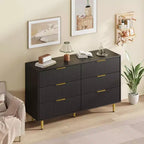 Cassettiera moderna a 6 cassetti nera con scanalature, comò ampio in legno con maniglie e gambe in metallo dorato, grande organizer per camera da letto, soggiorno e ingresso