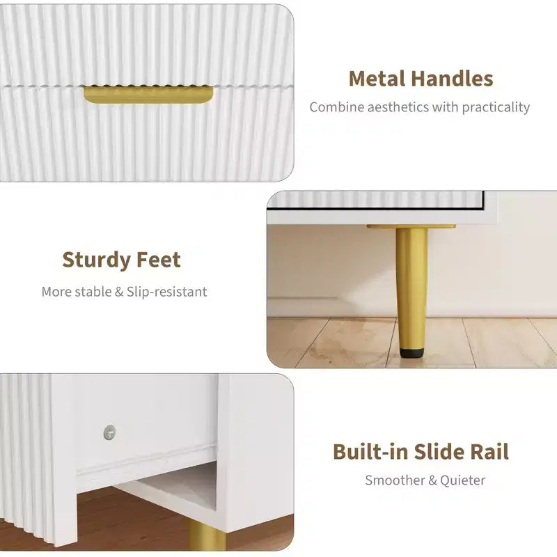 Cassettiera moderna a 6 cassetti nera con scanalature, comò ampio in legno con maniglie e gambe in metallo dorato, grande organizer per camera da letto, soggiorno e ingresso