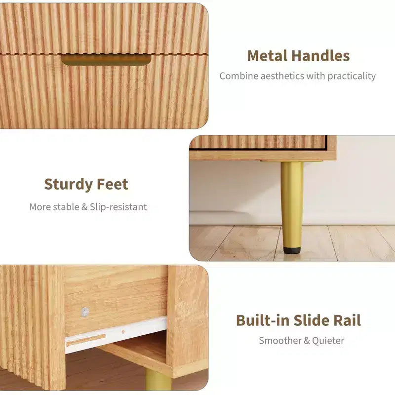 Cassettiera moderna a 6 cassetti nera con scanalature, comò ampio in legno con maniglie e gambe in metallo dorato, grande organizer per camera da letto, soggiorno e ingresso