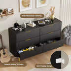 Cassettiera moderna a 6 cassetti nera con scanalature, comò ampio in legno con maniglie e gambe in metallo dorato, grande organizer per camera da letto, soggiorno e ingresso