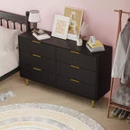 Cassettiera moderna a 6 cassetti nera con scanalature, comò ampio in legno con maniglie e gambe in metallo dorato, grande organizer per camera da letto, soggiorno e ingresso