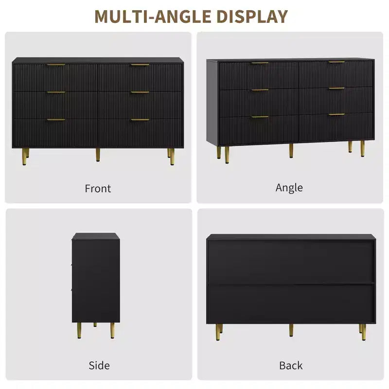 Cassettiera moderna a 6 cassetti nera con scanalature, comò ampio in legno con maniglie e gambe in metallo dorato, grande organizer per camera da letto, soggiorno e ingresso
