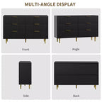 Cassettiera moderna a 6 cassetti nera con scanalature, comò ampio in legno con maniglie e gambe in metallo dorato, grande organizer per camera da letto, soggiorno e ingresso