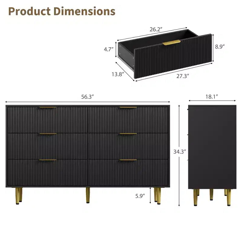 Cassettiera moderna a 6 cassetti nera con scanalature, comò ampio in legno con maniglie e gambe in metallo dorato, grande organizer per camera da letto, soggiorno e ingresso