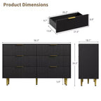Cassettiera moderna a 6 cassetti nera con scanalature, comò ampio in legno con maniglie e gambe in metallo dorato, grande organizer per camera da letto, soggiorno e ingresso